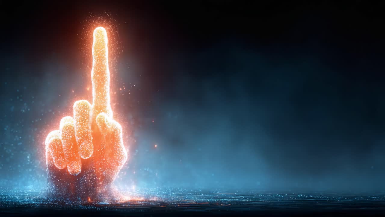 Una visualizzazione ipnotizzante di una mano luminosa che fa un gesto con un singolo dito alzato, illuminata da particelle vibranti in un'atmosfera scura ed eterea, creando una composizione visiva sorprendente.