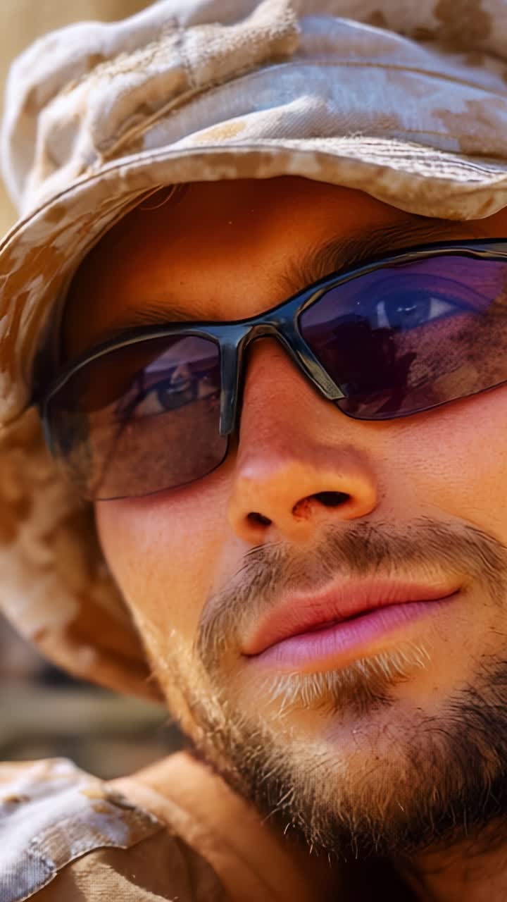 Close-Up Portrait of a Soldier with Sunglasses Smiling Confidently, Highlighting Strong Features and Military Attire Under Bright Sunlight, in a Desert Environment