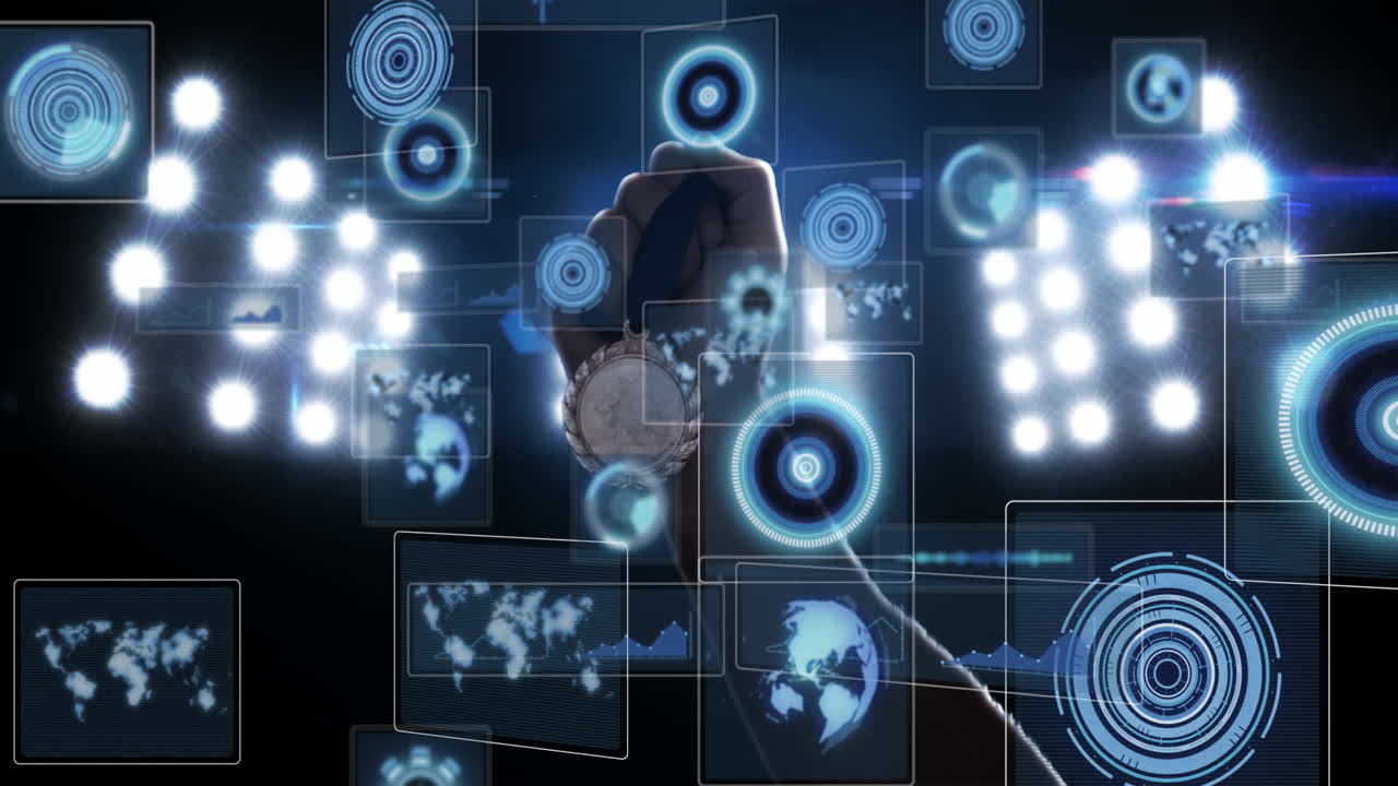 Animation of data processing over man holding medal