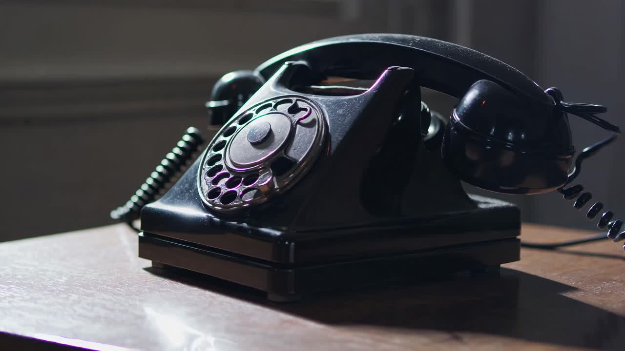 Telepon putar vintage di atas meja kayu, diambil dari sudut rendah