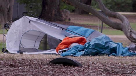 a camping setup with a collapsed tent and sleeping bag strewn on the ground after a stormy night in the woods