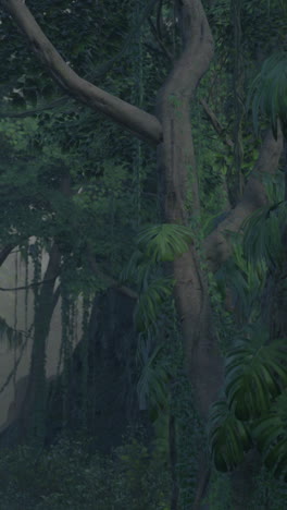 roots of exotic trees with thicket of shrubs and ferns against sunlight