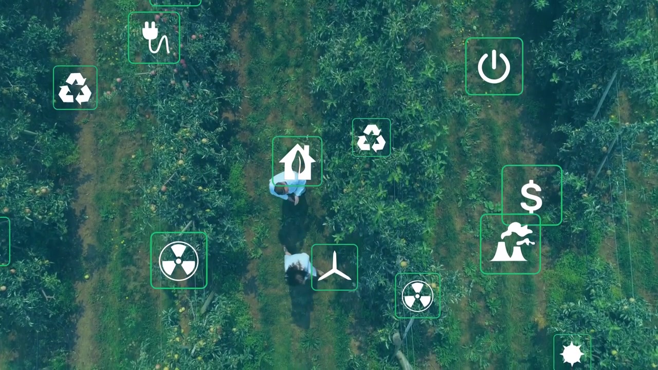 Data overlay appearing, two farmers walking rows, checking crops while eco icons guiding yield plan