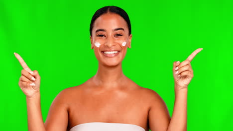 cara, pantalla verde y mujer con loción