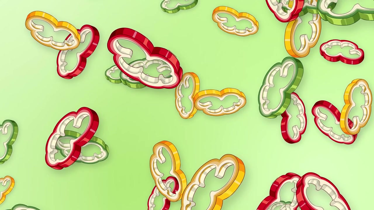 Stylized red, yellow, and green bell pepper slices fall continuously against a soft green backdrop.