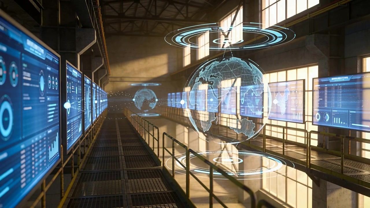 Moving camera bringing hologram globe forward along catwalk, revealing network data and blue panels