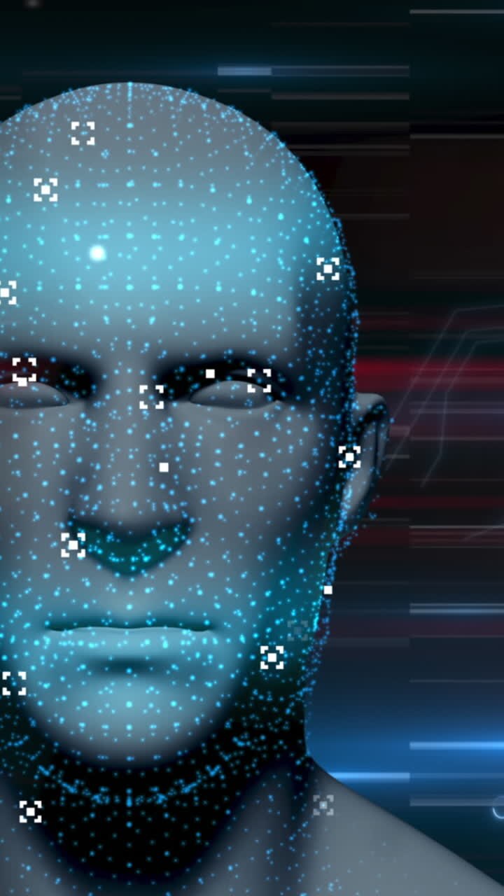 Animazione di testa digitale su icone e linee al neon
