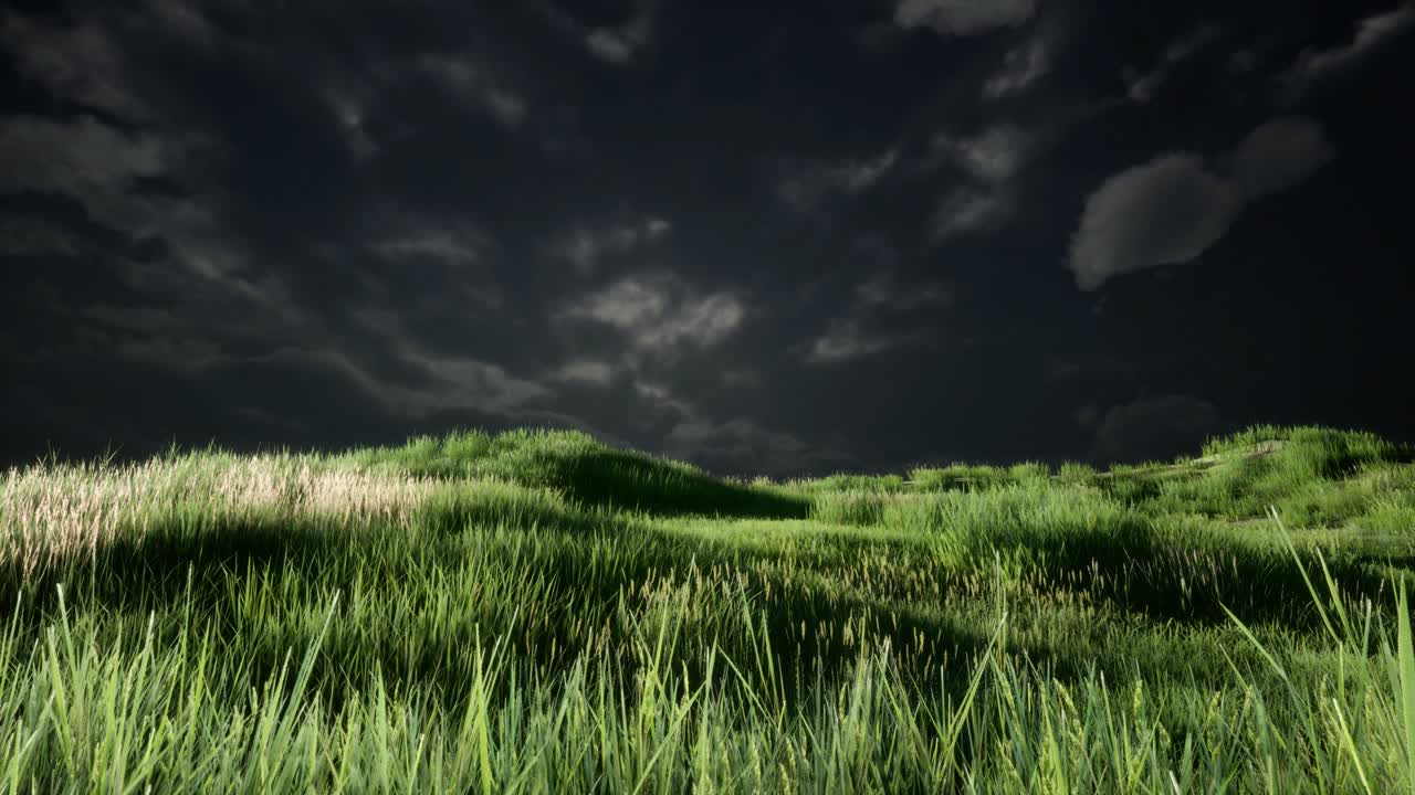 nubes de tormenta sobre el prado con hierba verde