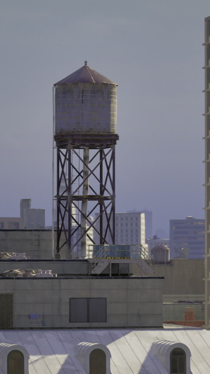 Water tower amidst modern buildings in an urban skyline during the day