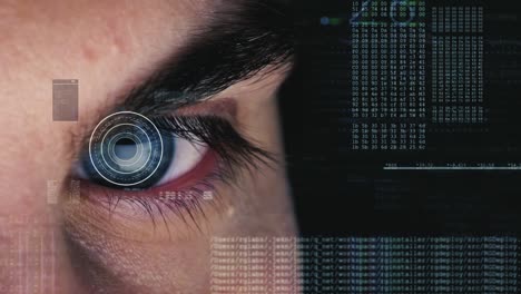 male human eye biometrics scanning to unlock and give access to private digital data - close up