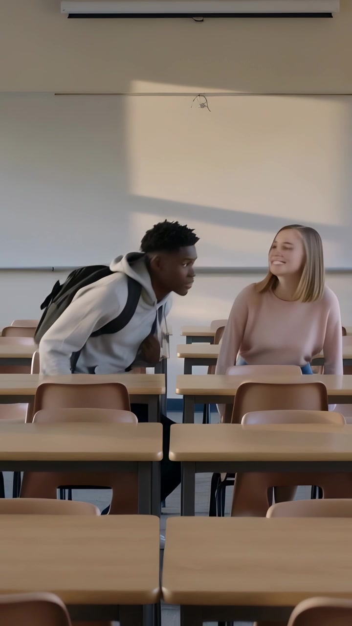Vertical video: Entering male sitting near peer, fixing backpack in class as woman in pink smiling
