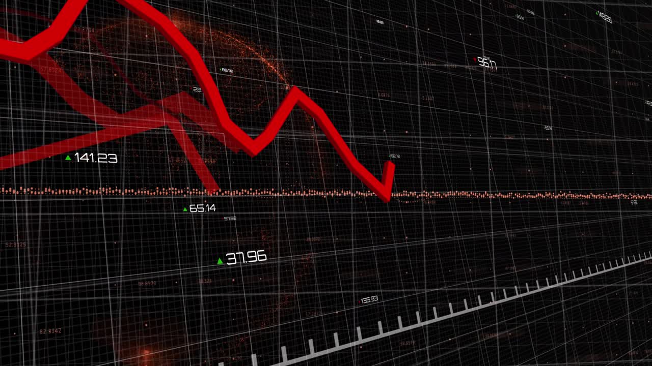 Animation of financial data processing over grid on black background