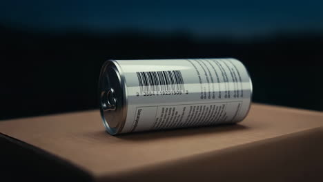 a close-up shot of a white can with a barcode lying on a cardboard surface