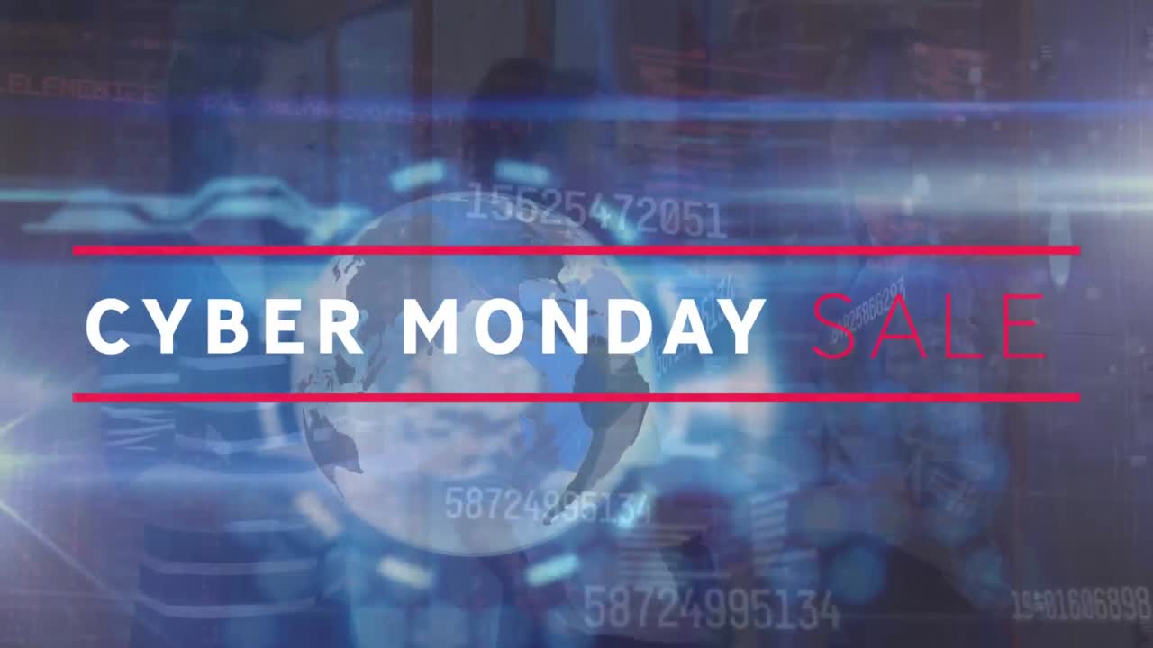Animação de texto de promoção da Cyber Monday, números, globo sobre amigas diversas e felizes se abraçando