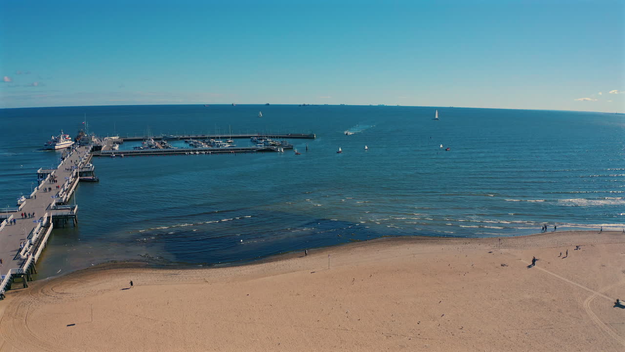 Aerial view of Monciak pier and marina in Sopot, Poland with baltic sea in the background at sunny day