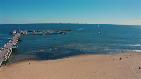 aerial view of monciak pier and marina in sopot, poland with baltic sea in the background at sunny day