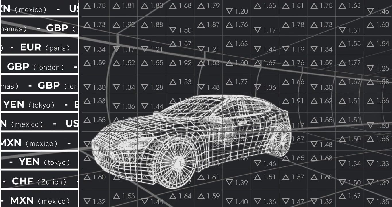 Berlina 3D che appare mentre i codici valuta si aggiornano, una linea di tendenza si anima mostrando dati di mercato in tempo reale.
