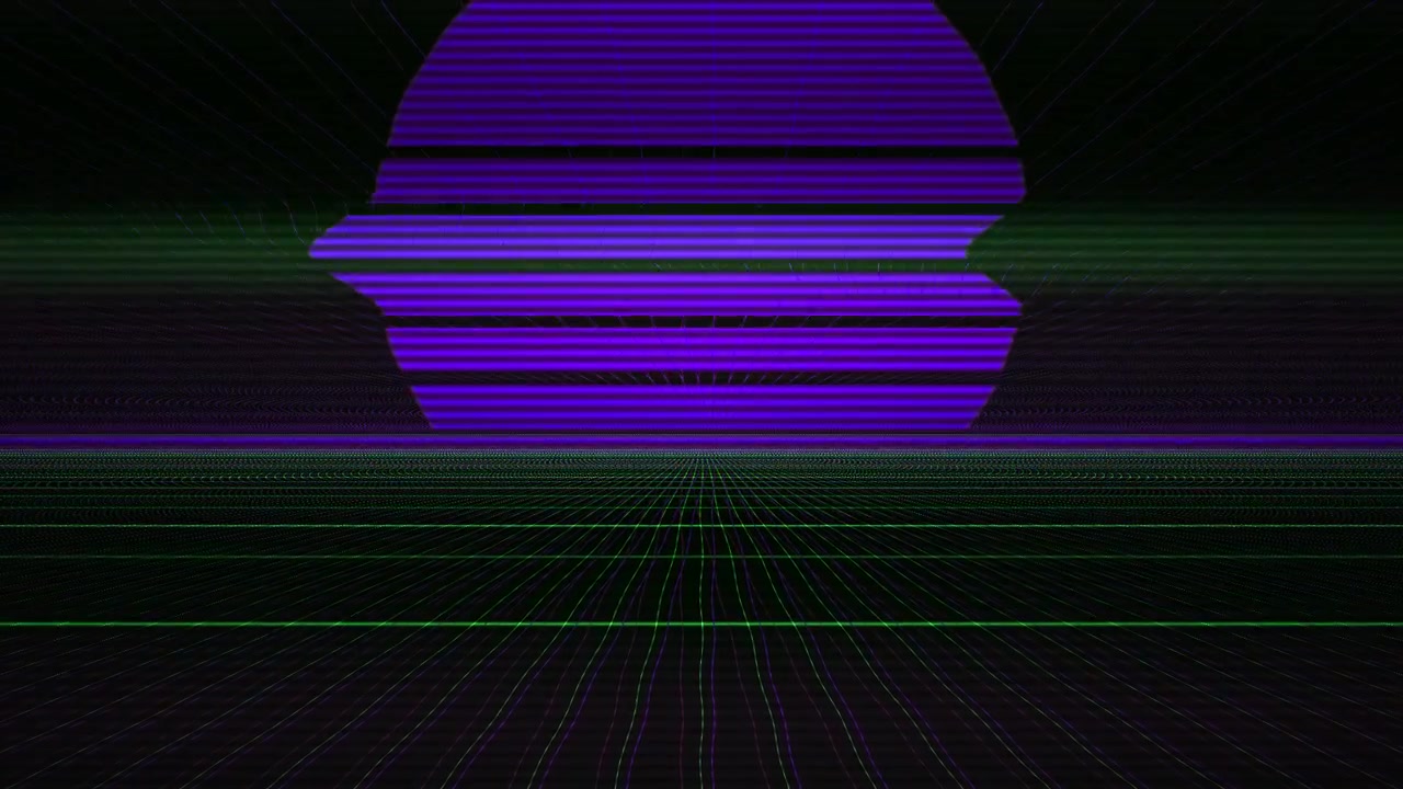 Paesaggio a griglia retro synthwave con sole viola