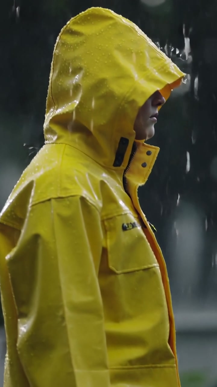 Vertical video: Standing man in yellow coat keeping hood up at park, rain hitting hood, streaming