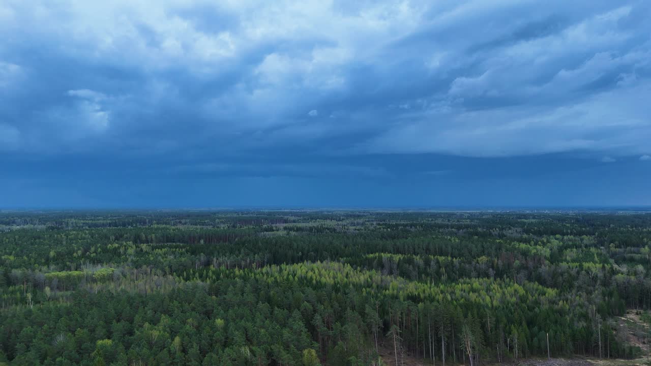 Vibrant green woodland and stormy clouds above Lithuania, aerial view