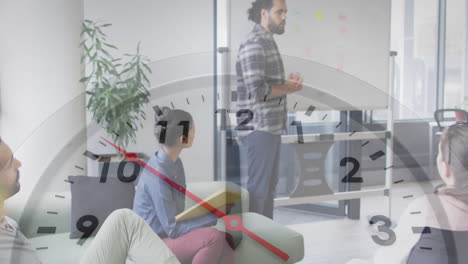 clock overlay animation over diverse team having meeting in modern office