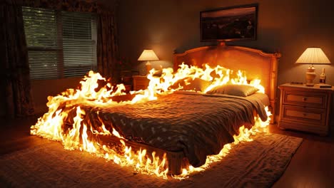 una cama con un fuego ardiendo en la parte superior en un dormitorio
