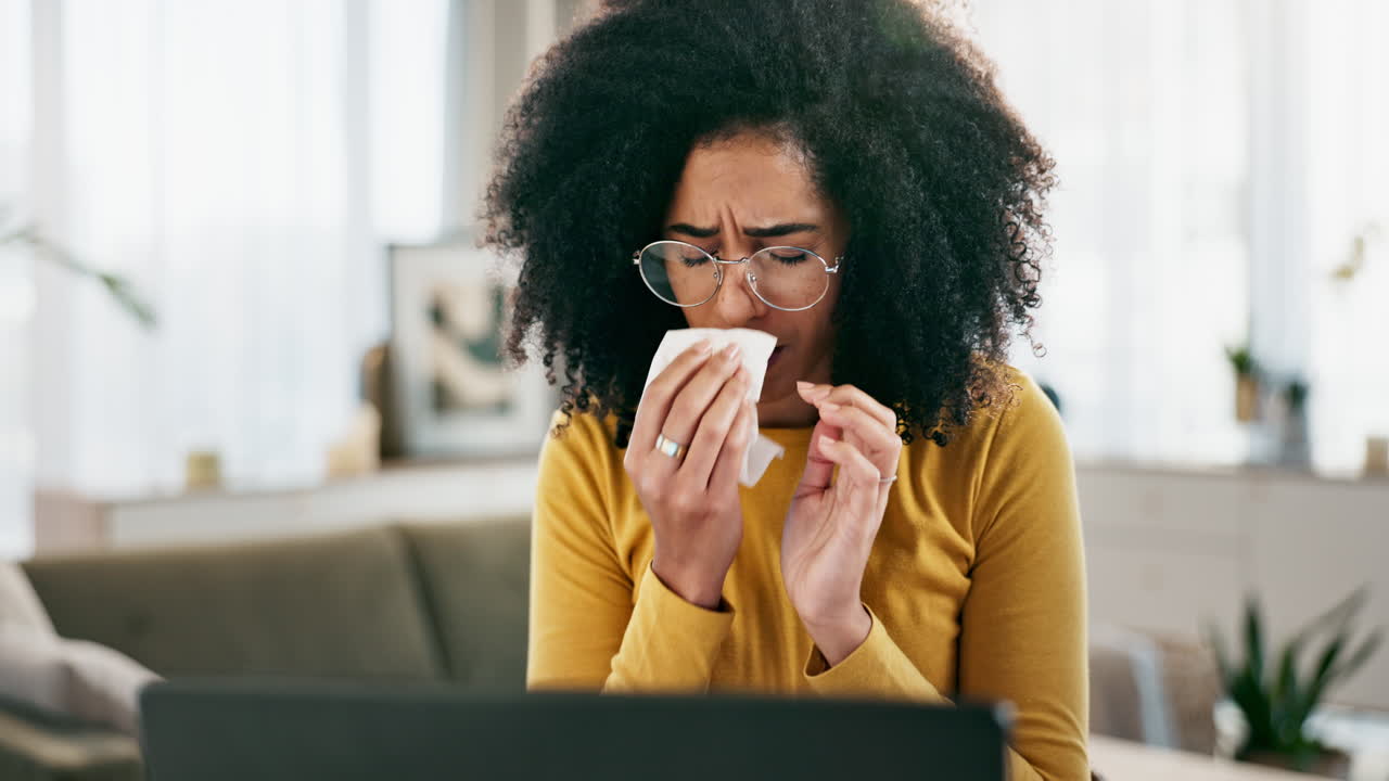 Woman suffering from a cold or allergies using a tissue