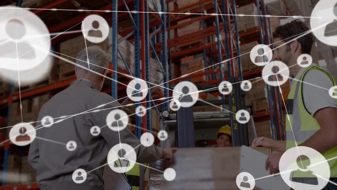 Warehouse Workers Collaborating with Digital Network Overlay
