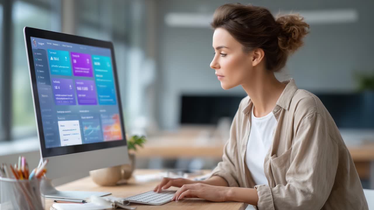 Focused Professional Engaged in Creative Work on Computer Screen Displaying Various Applications and Visual Content in a Bright Modern Workspace