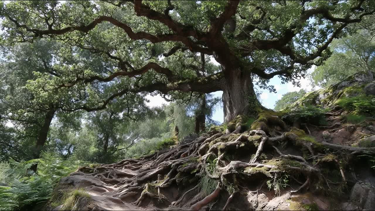 Majestic Ancient Oak Tree with Expansive Branches and Intricate Roots Surrounded by Lush Greenery in a Natural Landscape Setting