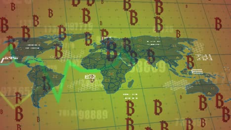 Animation-Von-Bitcoin-Symbolen-Und-Datenverarbeitung-über-Der-Weltkarte-Auf-Gelbem-Hintergrund