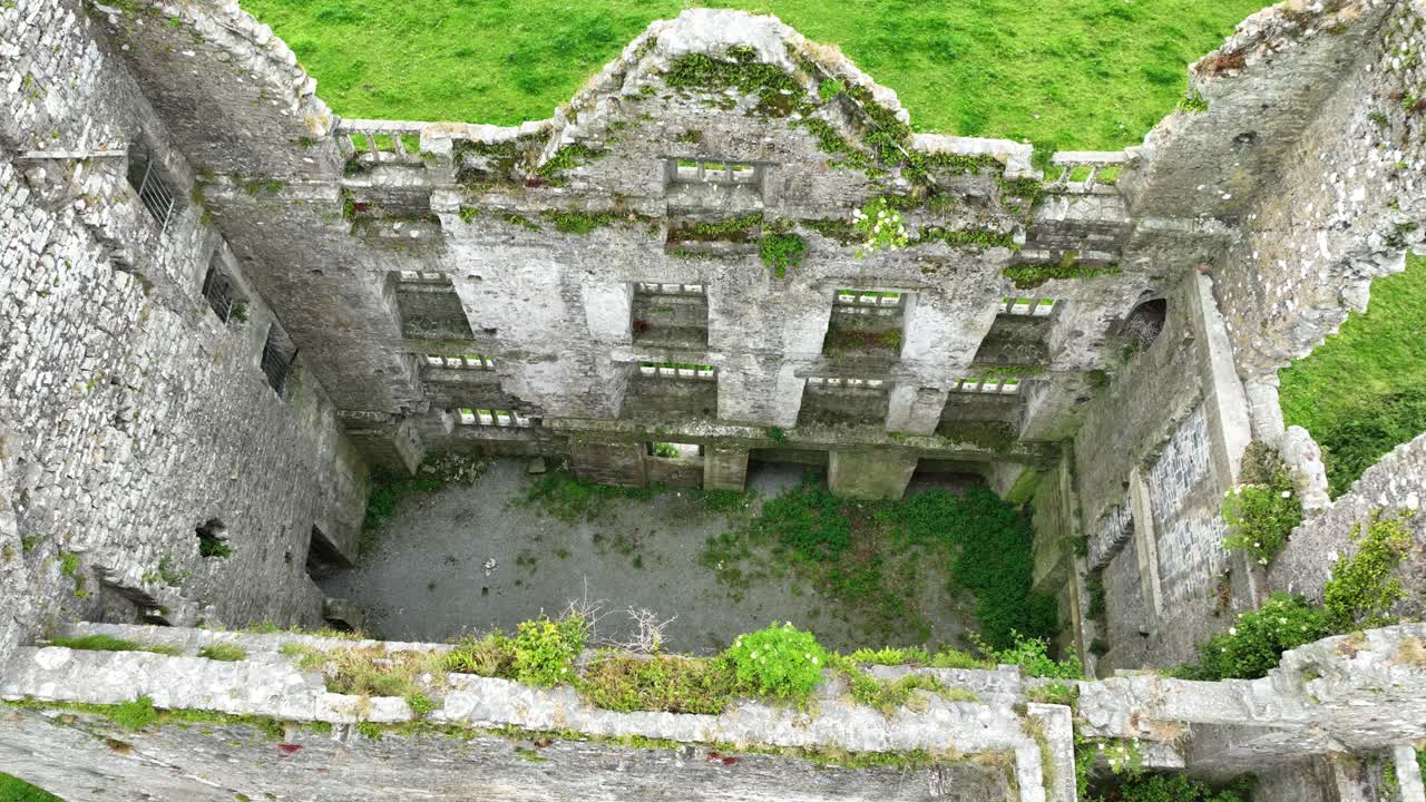 Irish Castles dramatic drone view of ruined Leamenah castle Co.Clare Ireland epic Locations and Landscapes