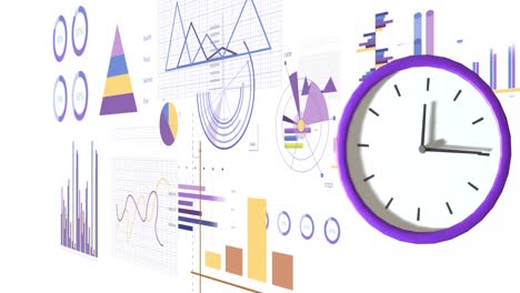 animación de movimiento de reloj y procesamiento de datos en fondo blanco