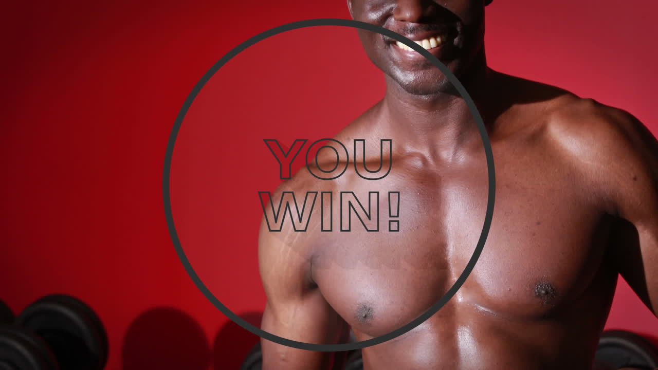 단백질 음료를 준비하는 근육이 있는 남자 위에 검은 원 윤 ⁇ 으로 싸움 텍스트의 애니메이션