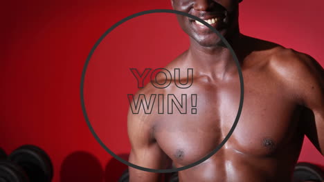 animación del texto de la pelea en un contorno de círculo negro sobre un hombre musculoso preparando una bebida de proteínas