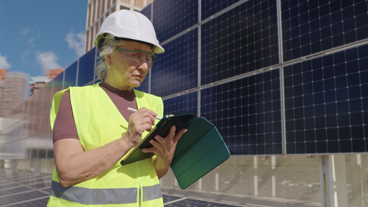 Woman engineer inspecting solar panels