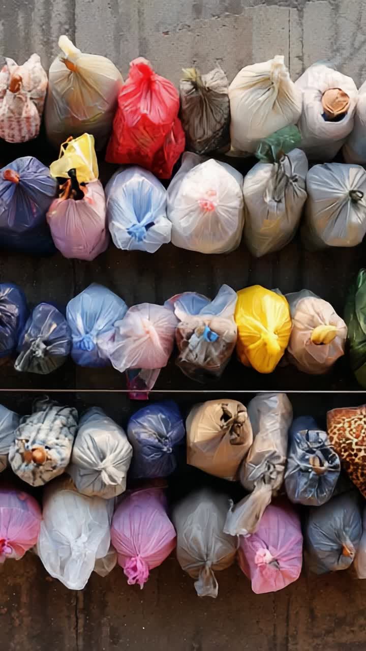 A Colorful Array of Tied Plastic Bags Displayed on a Flat Surface, Showcasing Various Textures and Colors in a Neatly Organized Vertical Layout