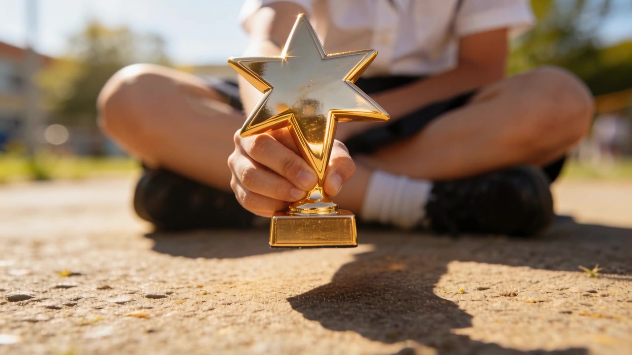 Hand placing gold star trophy causing student in white shirt nudging trophy on yard catching glare