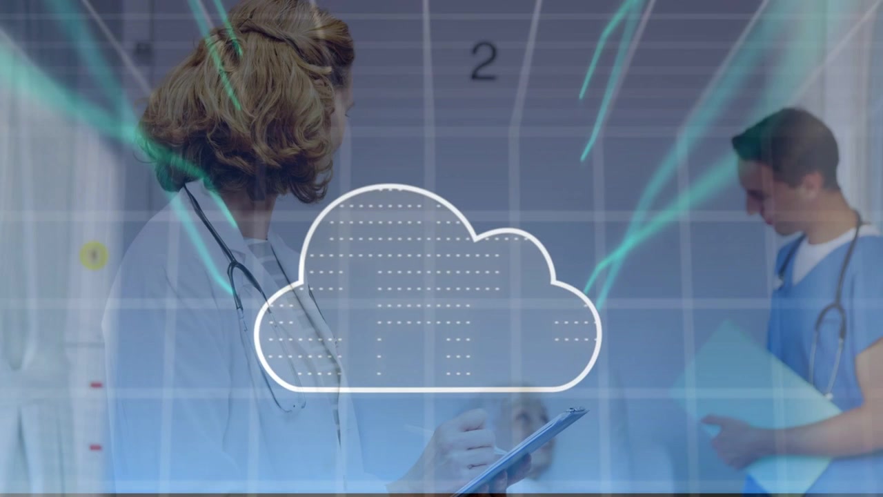 Physician tapping tablet causing cloud forming and sending medical data while nurse reading chart