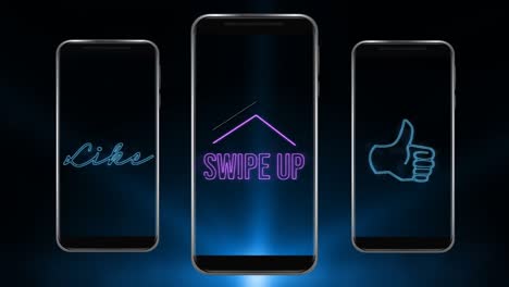 animation of words like swipe up and a thumb icon flickering on screens of three smartphones