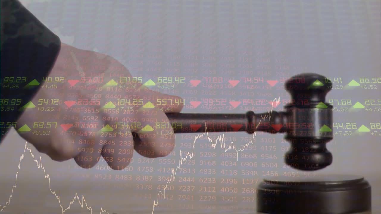 Animation of statistics and financial data processing over auctioneer's hammer