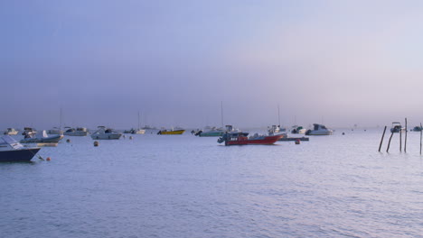 Yachten-Und-Fischerboote,-Die-Im-Morgengrauen-Im-Ruhigen-Ozean-Schwimmen