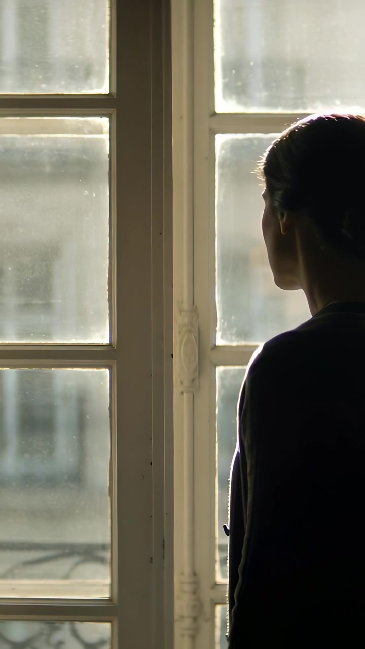 Vertical video: Filming woman dark top turning away at window latch, musing, rim light, copy space