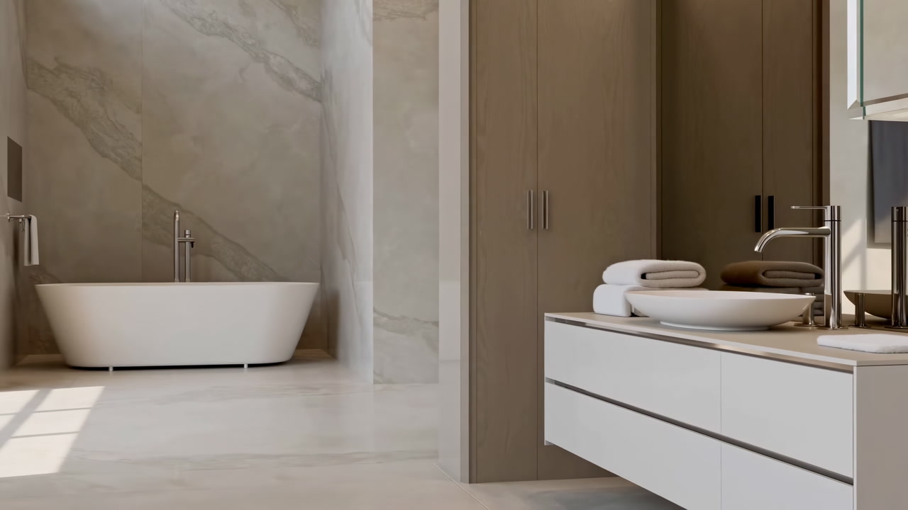 Sunlit Modern Bathroom With Freestanding Tub, Marble Wall And Floating Vanity With Chrome Faucet, Neatly