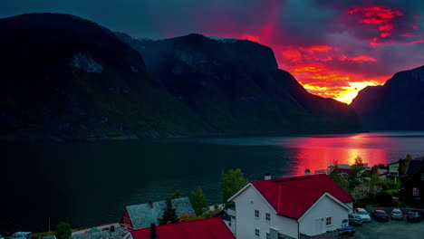 breathtaking sunset in norway fjord landscape dark clouds