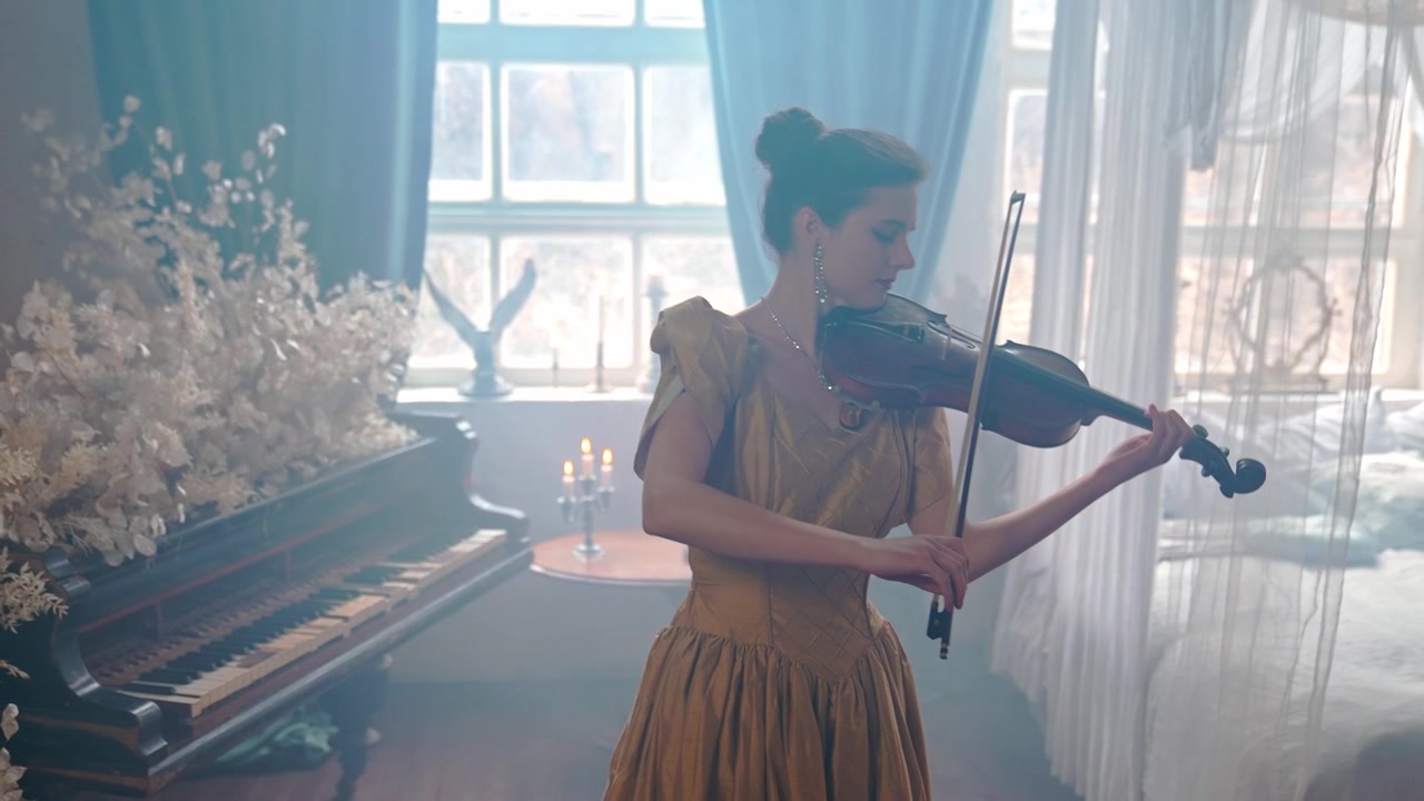 Elegant Woman Playing Violin in a Misty, Vintage Room