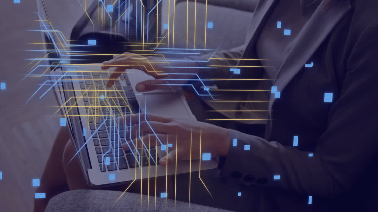Animation of circuit board with data processing over caucasian woman using laptop