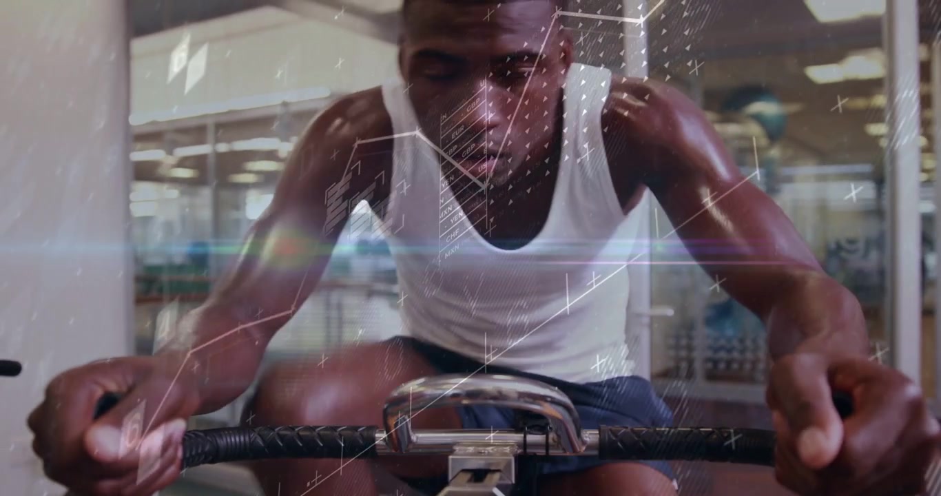 Man pulling rowing handle, starting stroke in gym, camera moving closer, charts measuring effort