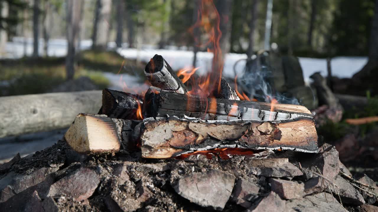 Campfire slow motion close-up in sunny spring weather
