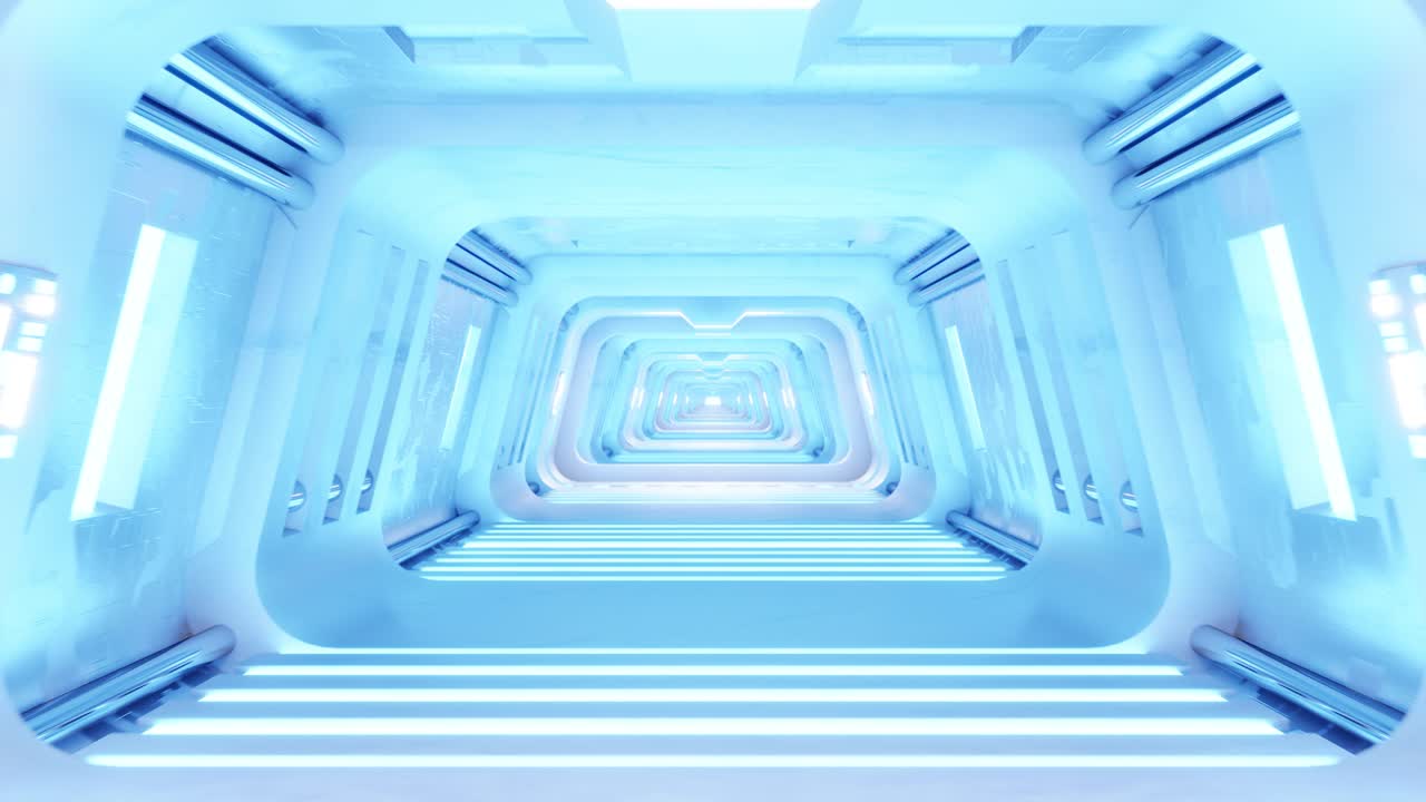 3D render of futuristic spaceship with color lights corridor